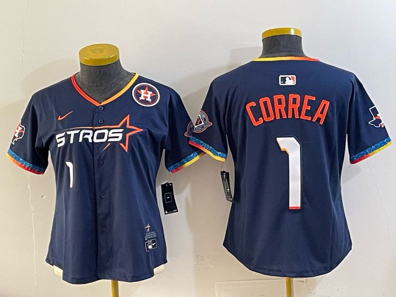 Women 2025 Houston Astros 1 Correa Blue Four generations Joint Name Nike MLB Jersey style 04
